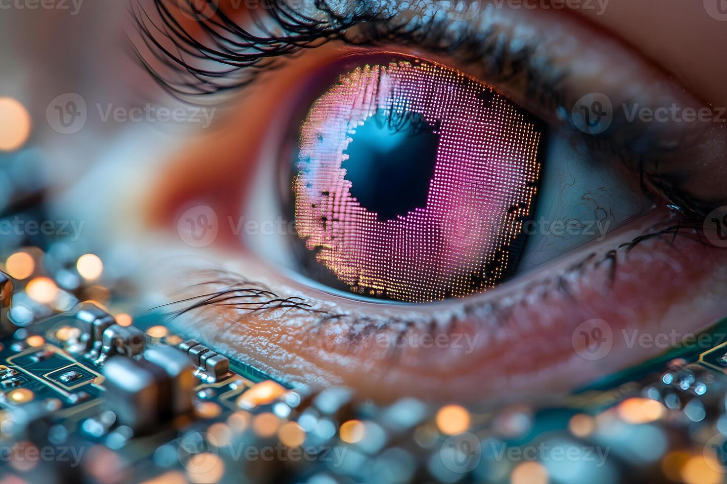 Futuristic Vision Concept with Digital Eye and Circuit Board Reflection for Technology Print photo