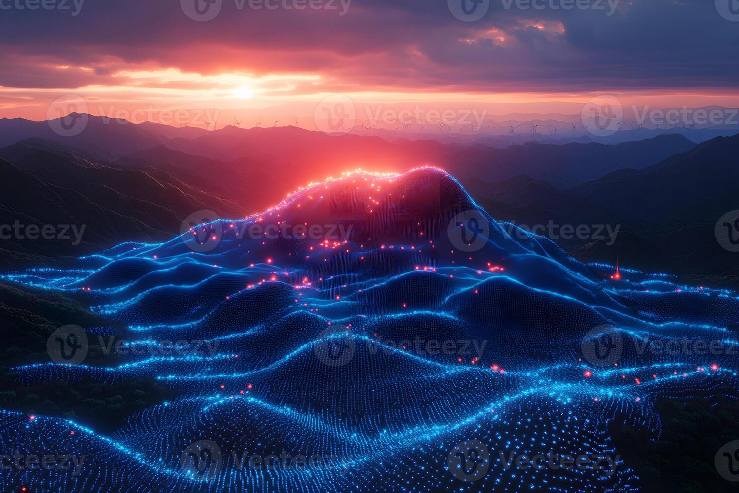 Futuristic Digital Landscape with Neon Lights at Sunset - Concept for Technology and Innovation Design photo