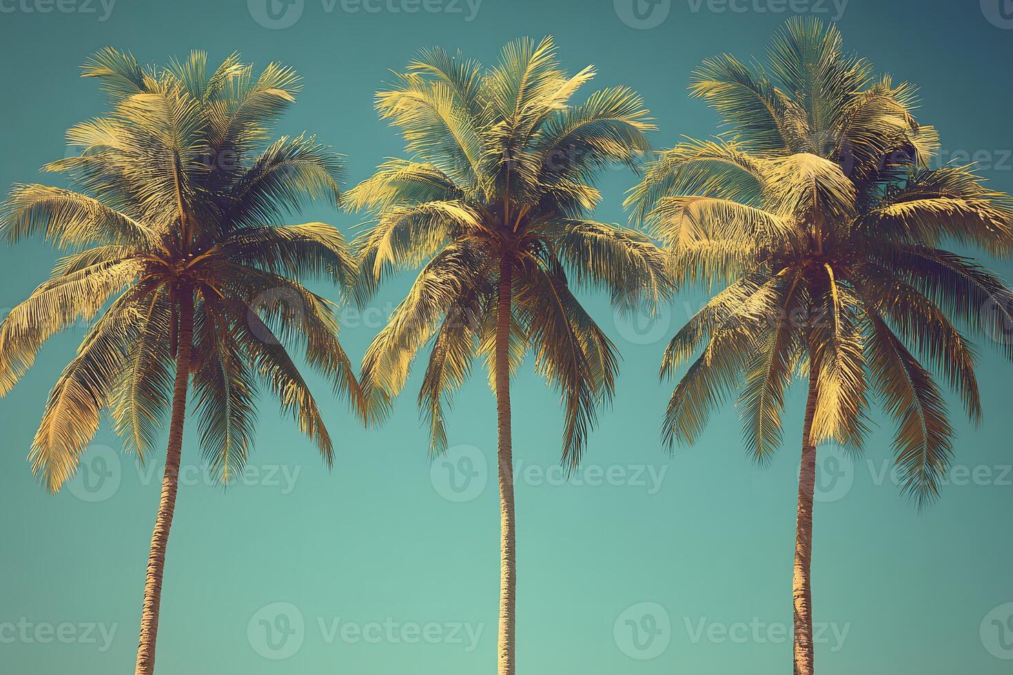 Tropical Paradise Three Palm Trees Against Vibrant Blue Sky for Travel Concept photo
