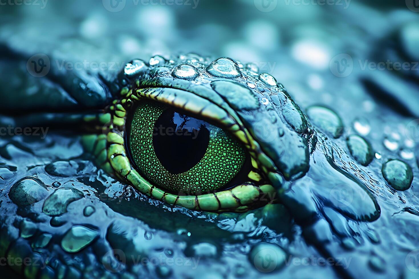 Macro Close-Up of a Crocodile Eye with Water Droplets for Nature Photography photo