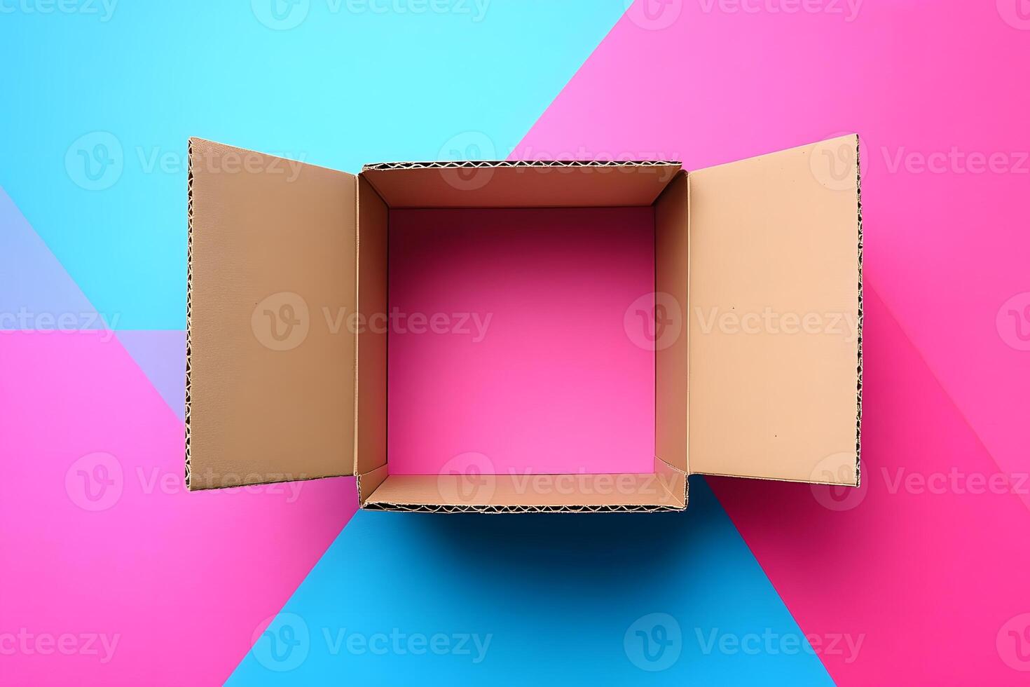 Open Cardboard Box on Vibrant Geometric Background for Creative Design photo