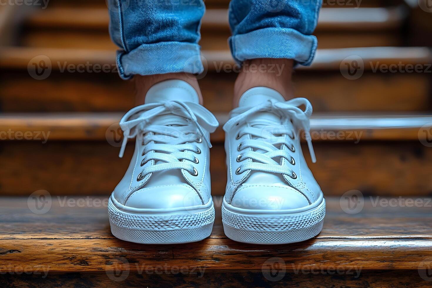 Stylish White Sneakers on Wooden Stairs - Fashion and Lifestyle Footwear Concept photo