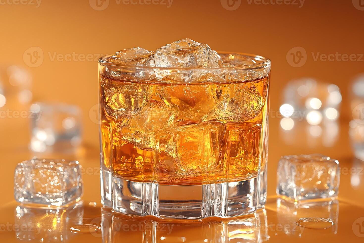 Refreshing Whiskey On The Rocks with Ice Cubes and Amber Background for Beverage Enthusiasts photo