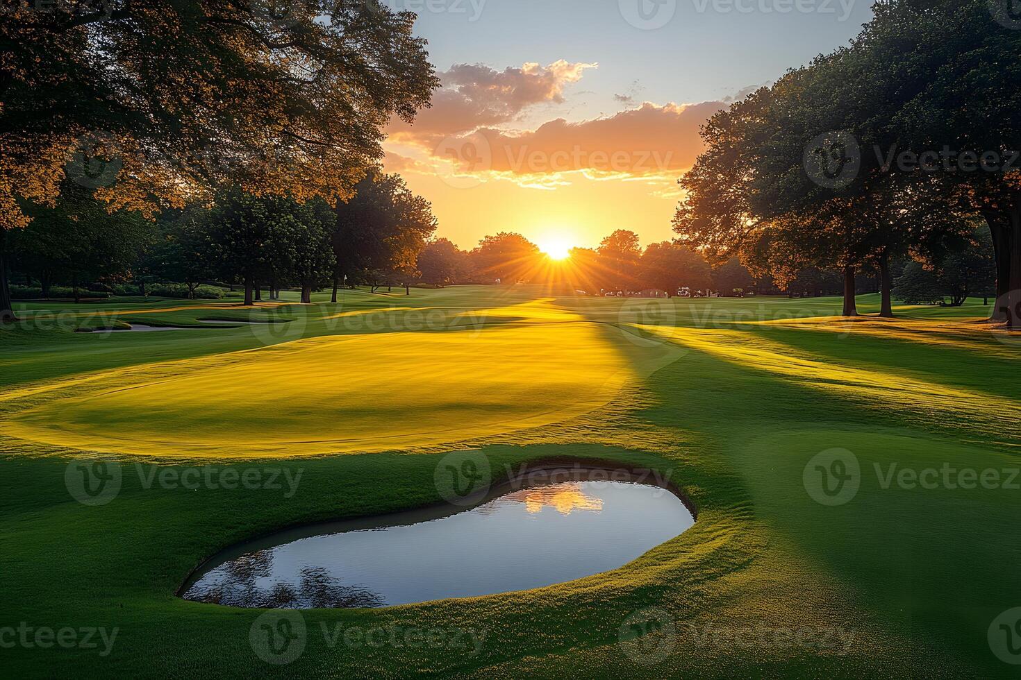 Stunning Sunset Over Serene Golf Course with Lush Greenery and Surreal Reflections photo