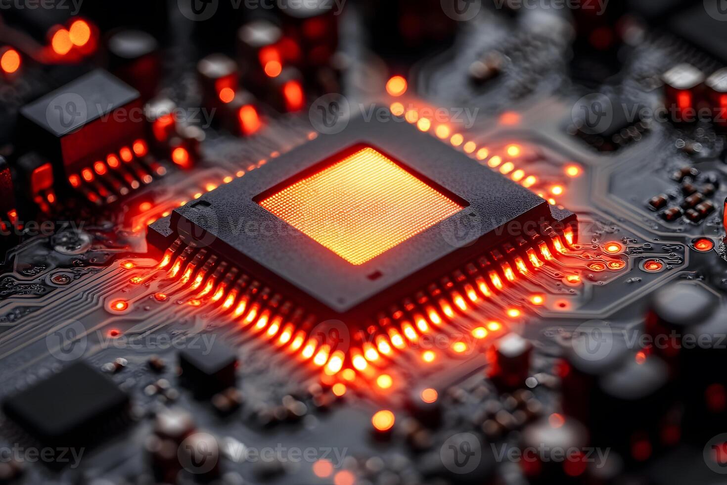 Futuristic Circuitry with Glowing Red Microchip for Tech Innovation Designs photo