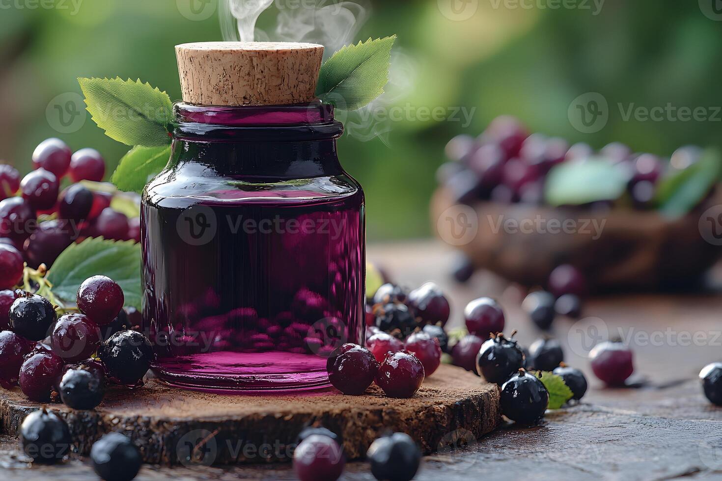 Fresh Black Currant Juice in Jar with Cork Lid on Rustic Wooden Table photo