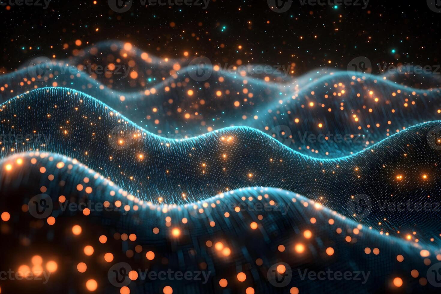 Abstract Digital Landscape with Glowing Waves and Particle Lights for Futuristic Design photo