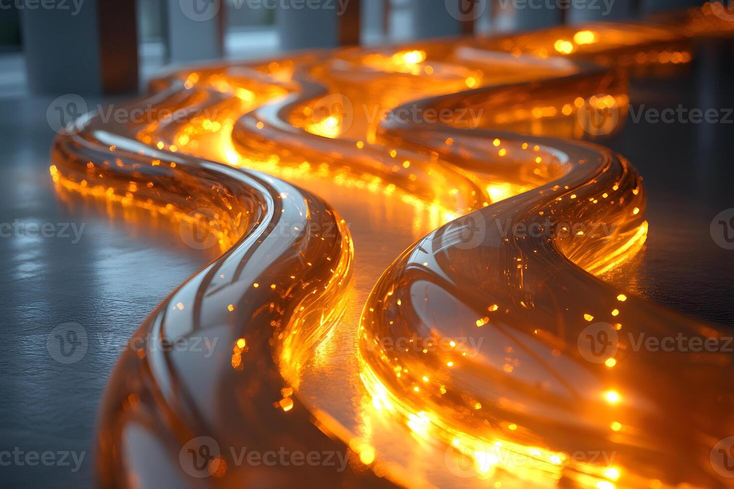 Abstract Flow of Illuminated Amber Glass Art in Contemporary Design photo