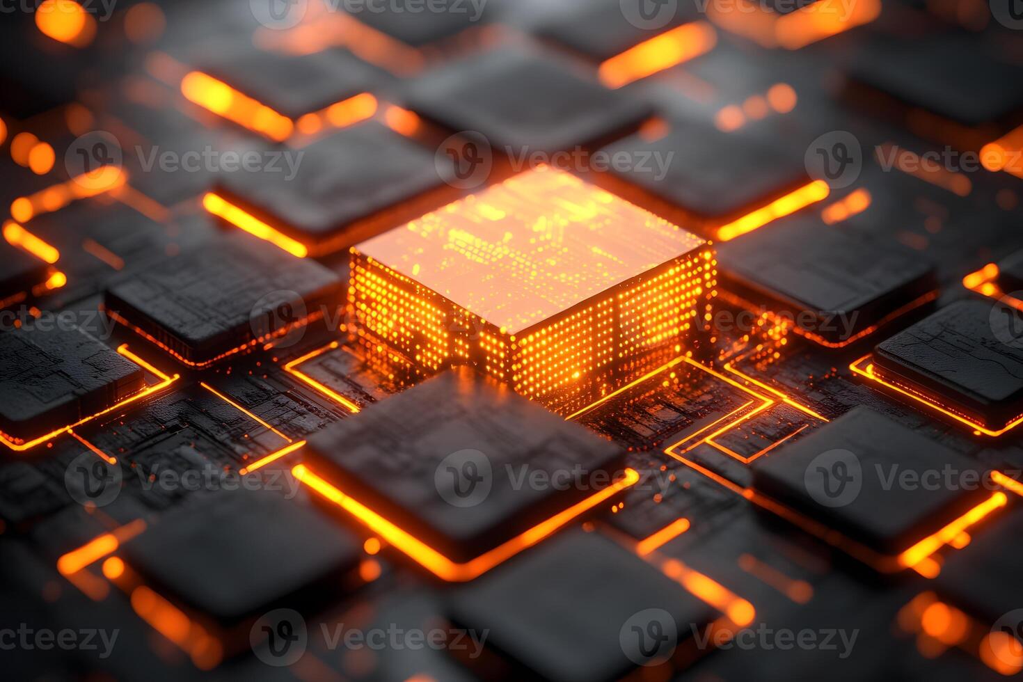 Futuristic Technology Concept with Glowing Microchip for Innovation Design photo