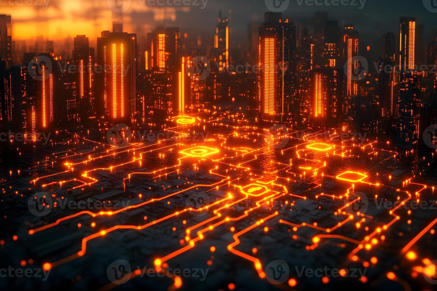 Futuristic Digital Circuit Cityscape at Sunset Conceptual Technology Background for Innovation and Development photo