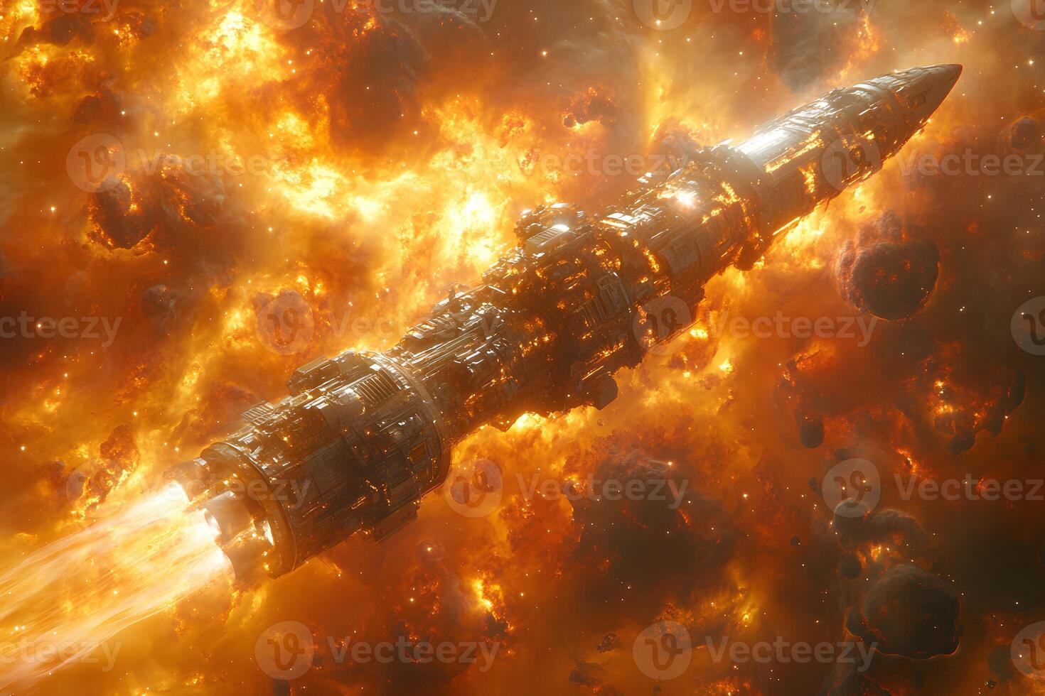 Futuristic Spaceship Traveling Through Fiery Cosmic Asteroid Field photo