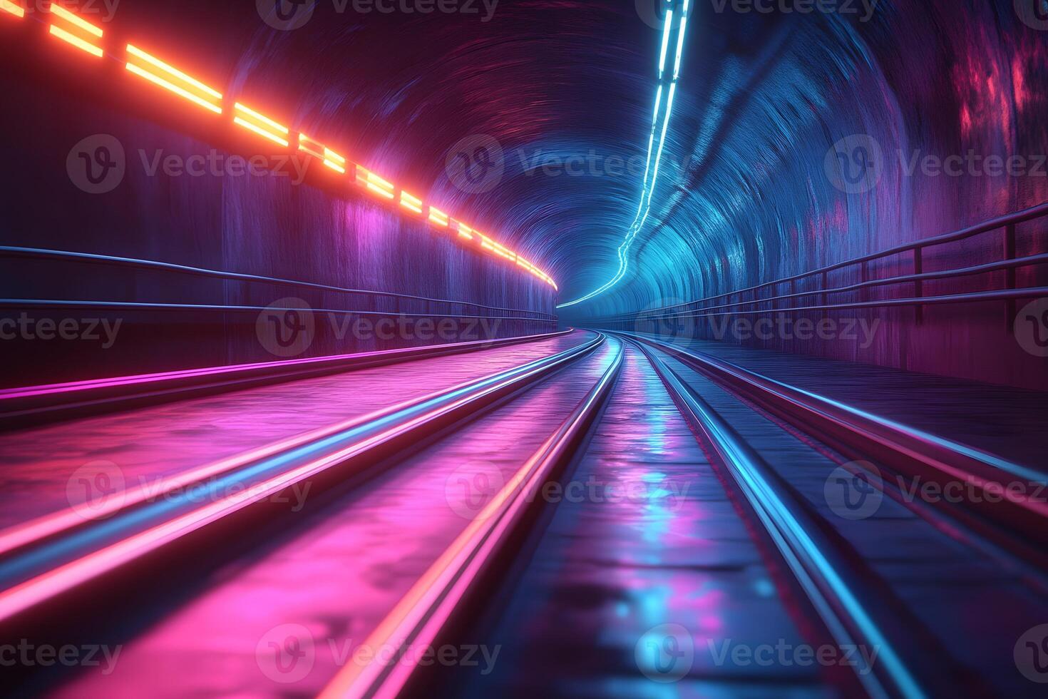 Futuristic Neon Lit Tunnel with Vibrant Colors and Reflections for Digital Design photo