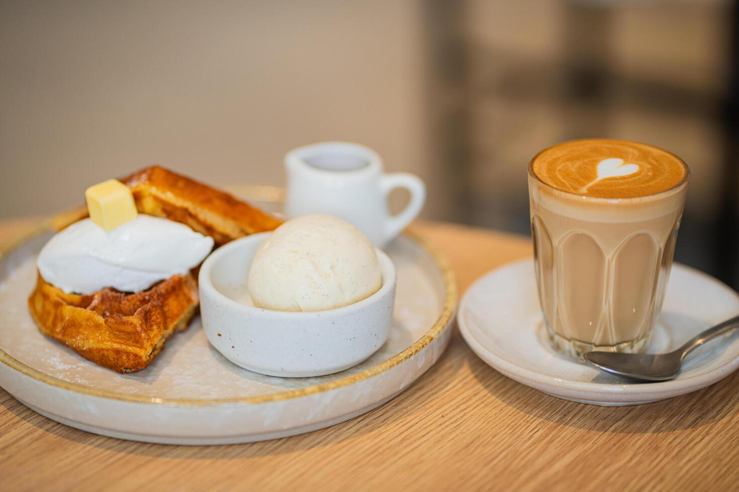 coffee with tasty waffle and ice cream, close up photo