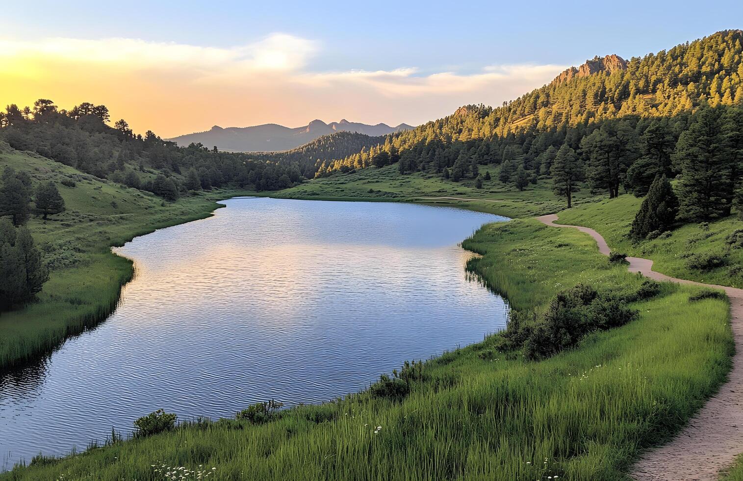 A trail leads to a lake surrounded by mountains photo