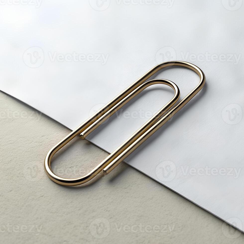 A golden paper clip on a white and beige paper, studio shot, product photography, clean and minimalist photo