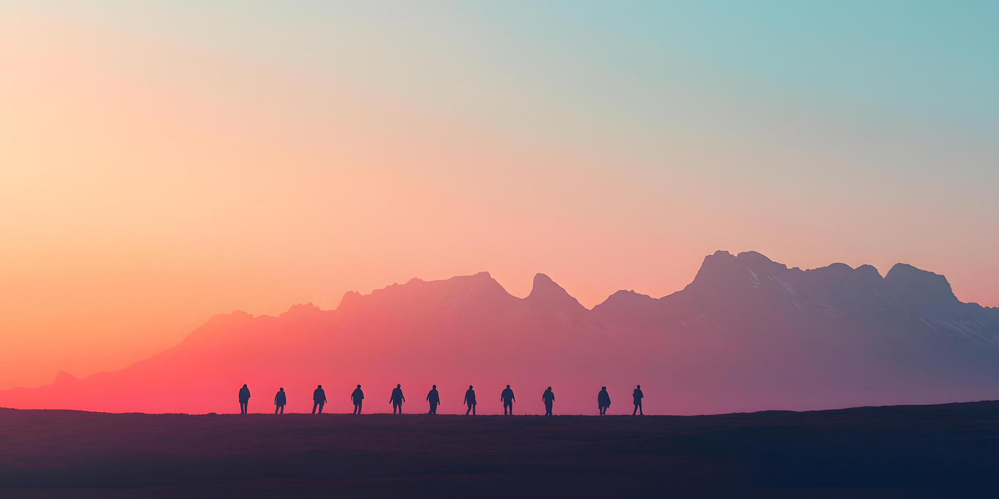 Silhouettes of people walking in front of mountains at sunset photo