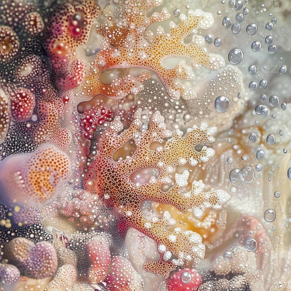 Macro shot of soft coral polyps with intricate patterns and delicate textures. The organic structure showcases the complexity of marine organisms in their natural underwater habitat photo