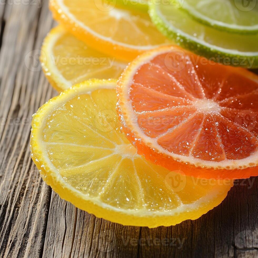 Fresh citrus slices of lemon, lime, orange, and grapefruit on a rustic wooden surface. Vibrant colors, juicy texture, and glistening pulp highlight the natural freshness of the fruits photo
