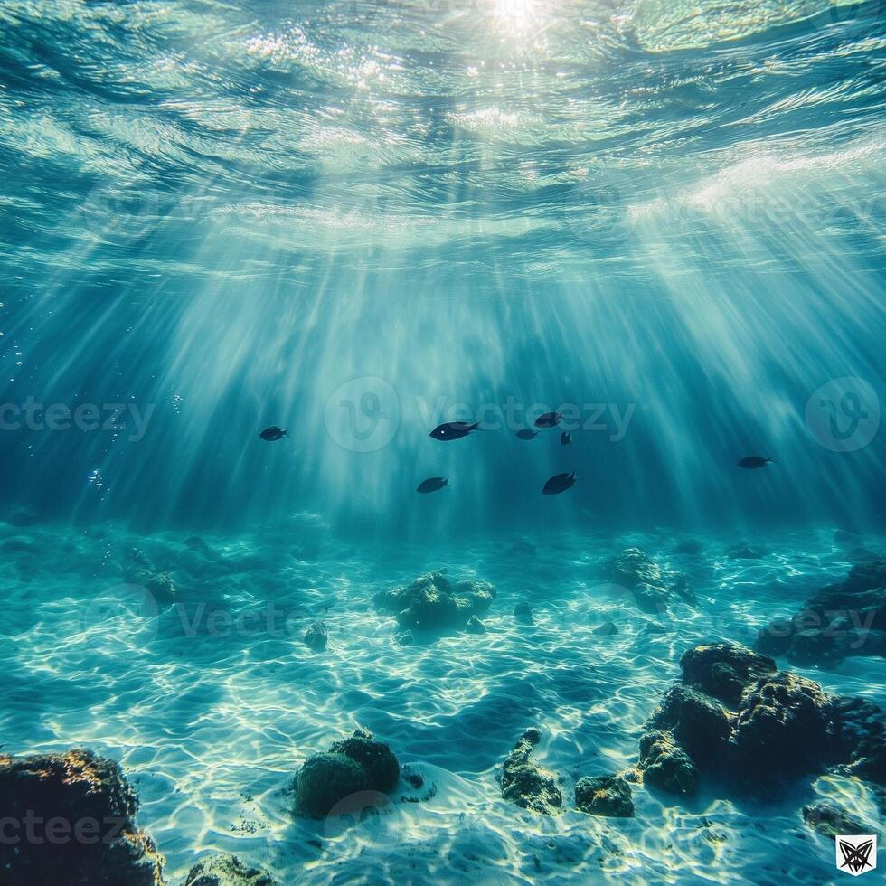 Sunlight streams through the clear ocean water, highlighting fish swimming among coral formations. The vibrant marine ecosystem thrives with diverse species, creating a dynamic underwater scene photo