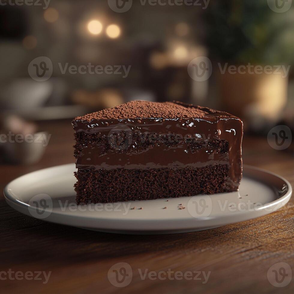 A slice of rich chocolate cake with a moist texture, layered with creamy chocolate ganache, and dusted with cocoa powder. Plated on a white dish, set against a cozy, blurred background photo