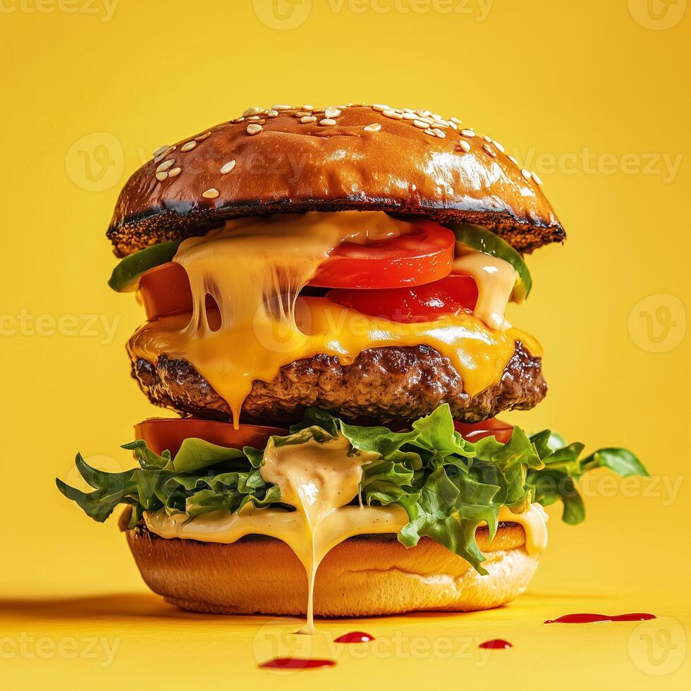 Melting cheese drips from a stacked cheeseburger with fresh lettuce and tomato on a yellow background. Perfect for food advertisements and restaurant promotions photo