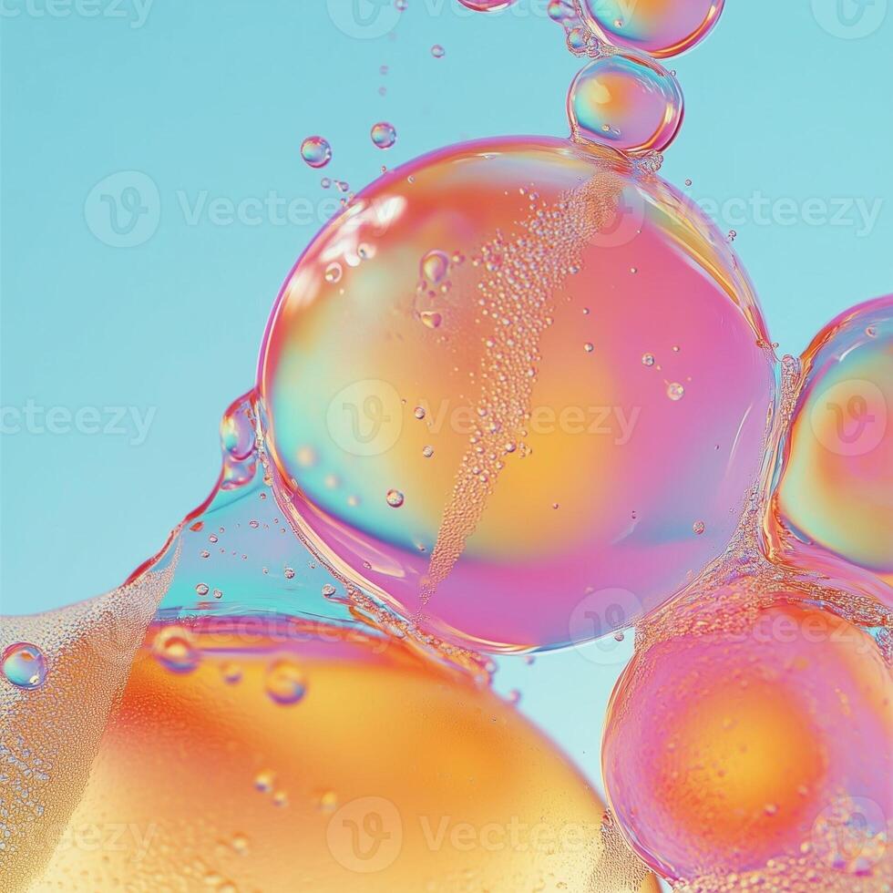 Close-up of oil and water bubbles forming organic shapes with a soft-focus background. Light refractions create a surreal effect, blending orange, pink, and blue hues in a fluid abstract pattern photo