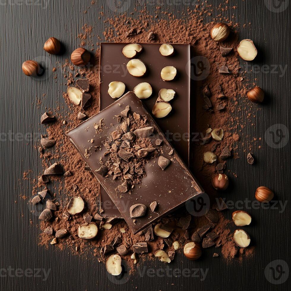 Two dark chocolate bars with whole and crushed hazelnuts, sprinkled with cocoa powder on a black wooden surface. The contrast enhances the rich tones and details of the chocolate and nuts photo