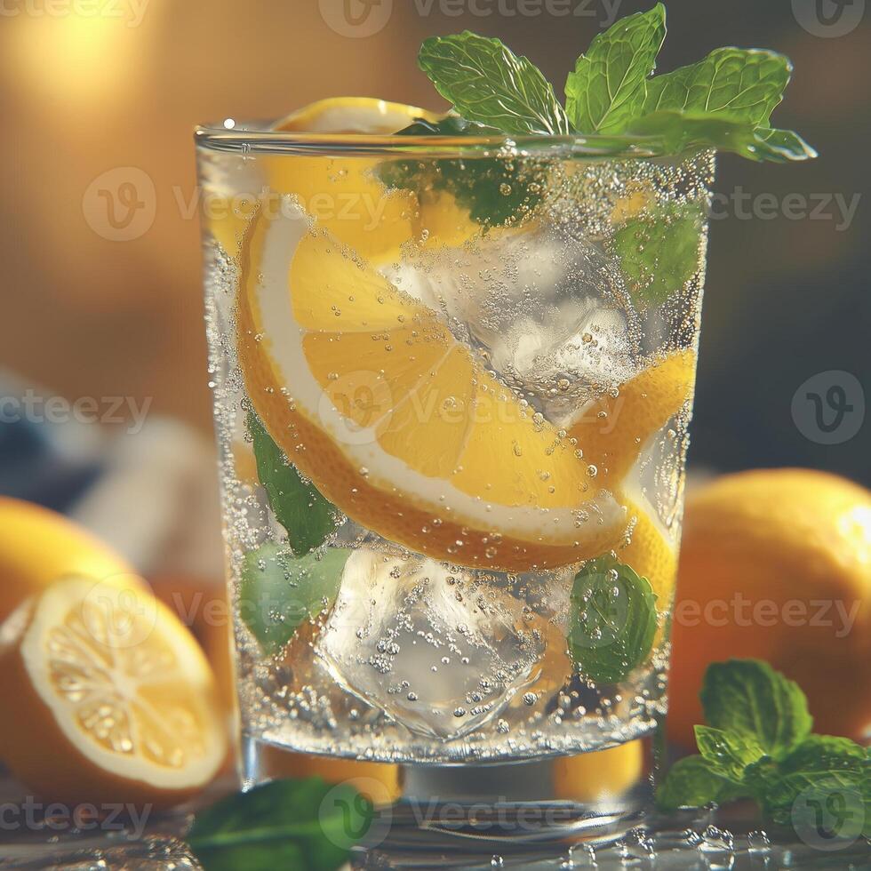 Chilled sparkling lemonade with ice cubes, fresh lemon slices, and mint leaves in a transparent glass. Effervescent bubbles create a crisp and invigorating look photo