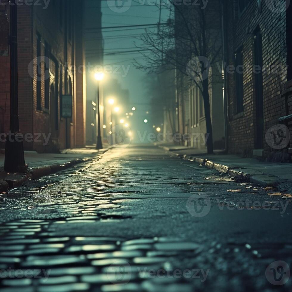 A cobblestone alley at night, softly lit by warm streetlights. A single bare tree stands among old brick buildings. The wet stones glisten under the faint city glow, creating a nostalgic mood photo