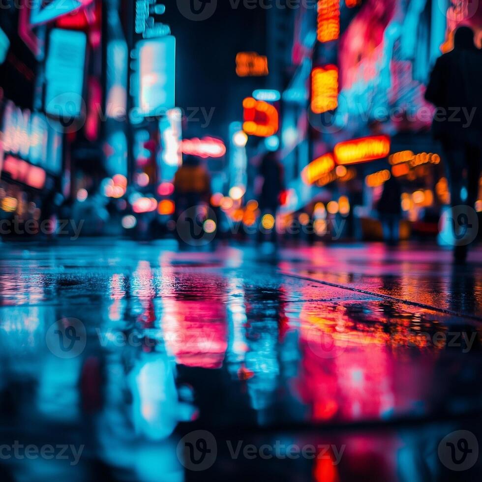 Fog rolls through a rainy city street as neon signs flicker in the distance. The misty air softens the glow of streetlights, creating a cinematic and atmospheric nighttime scene photo