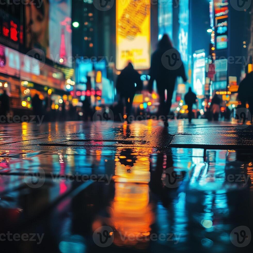 A bustling city street at night, wet pavement reflecting colorful neon lights. Blurred silhouettes of people walking add a dynamic, modern, and cyberpunk-inspired urban feel photo