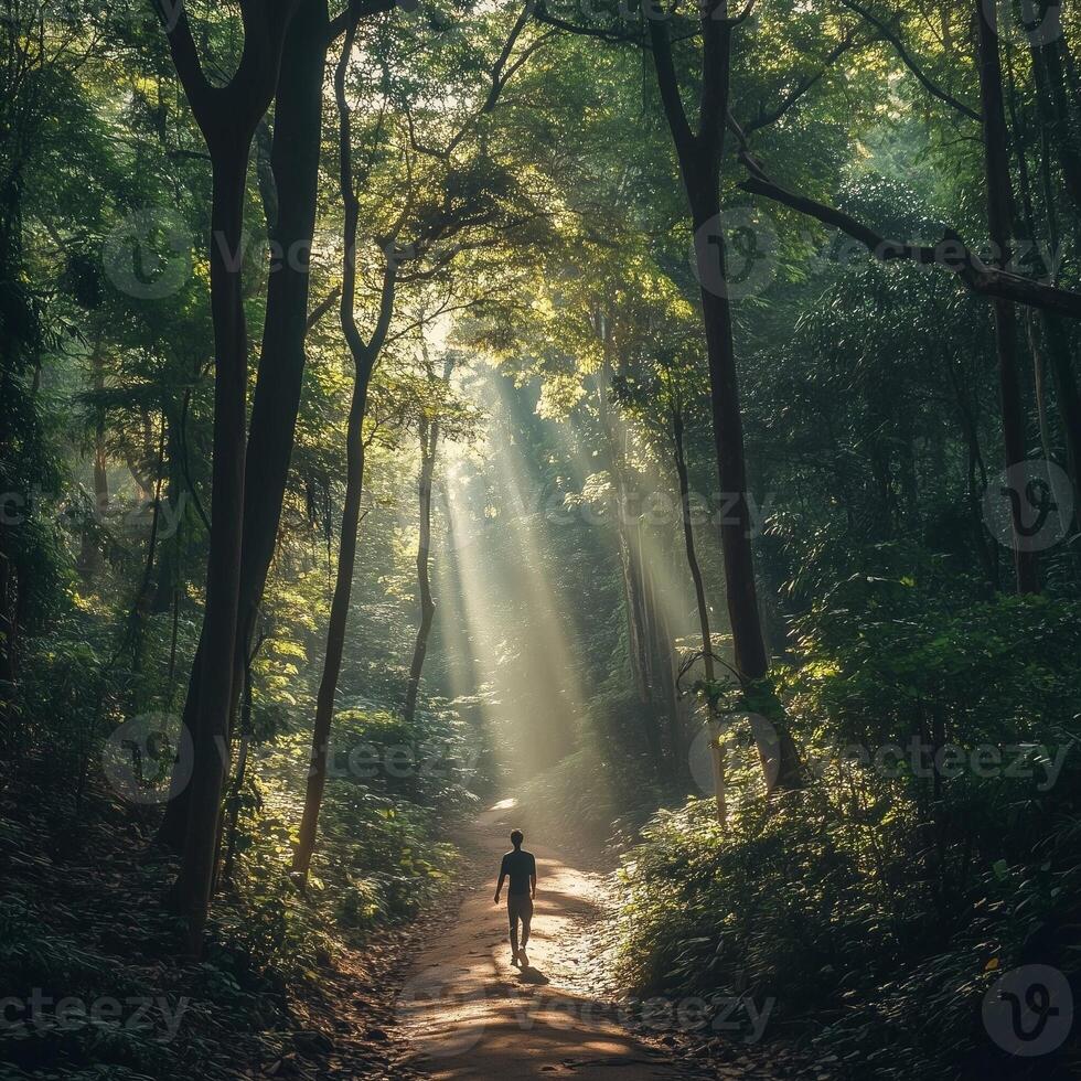 A distant figure of a male athlete runs along a dirt path deep in the forest. The trees and thick foliage surround him, making him appear small in the vast wilderness. The trail curves ahead photo