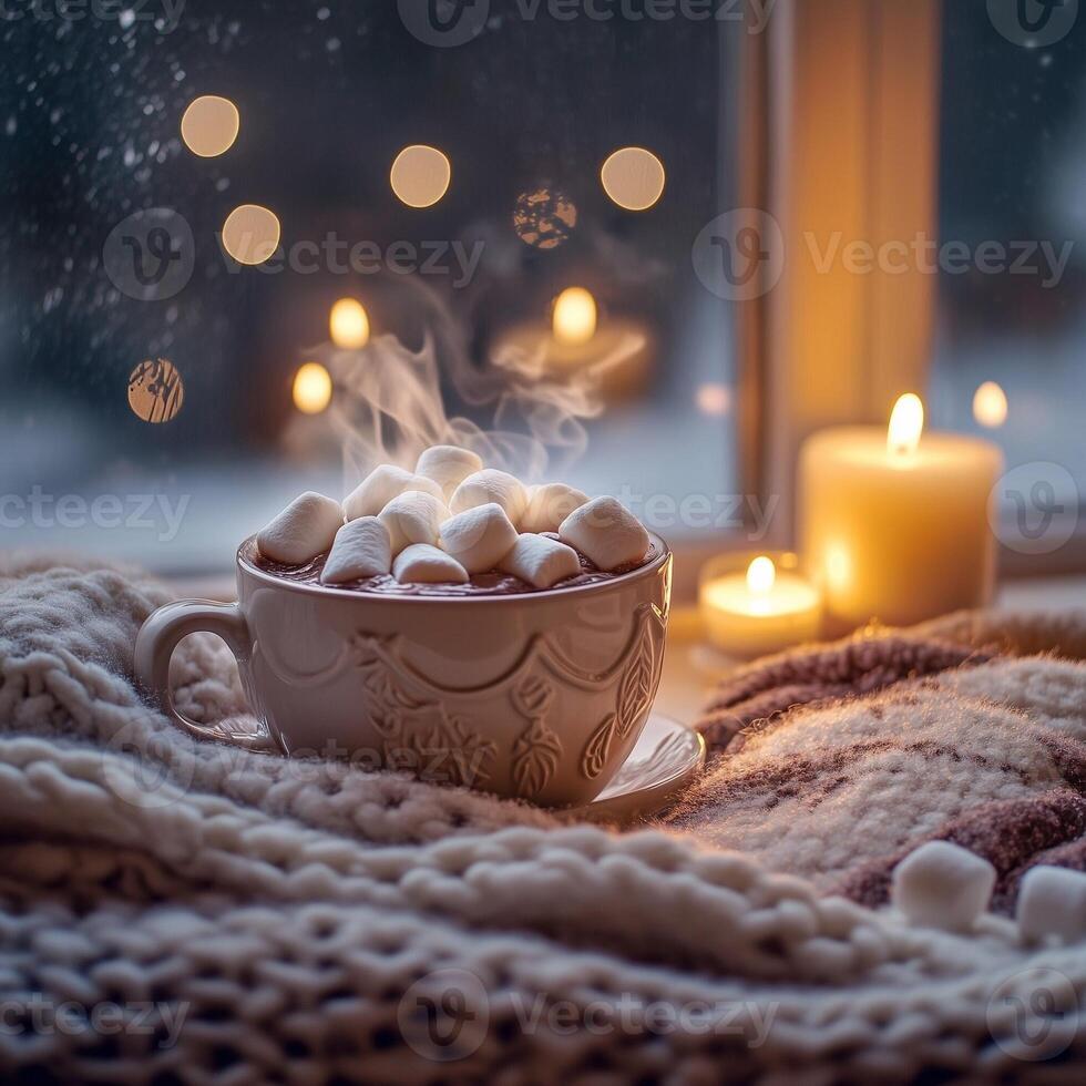 A steaming mug of rich hot chocolate topped with fluffy marshmallows, placed on a cozy knitted blanket. A comforting winter drink near a frosty window with glowing candlelight photo