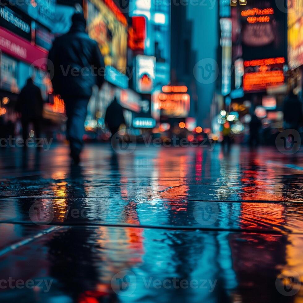 A neon-lit crosswalk reflects in the rain-soaked street. Blurred figures hurry under city lights, their silhouettes blending with reflections. A sense of movement and mystery fills the scene photo
