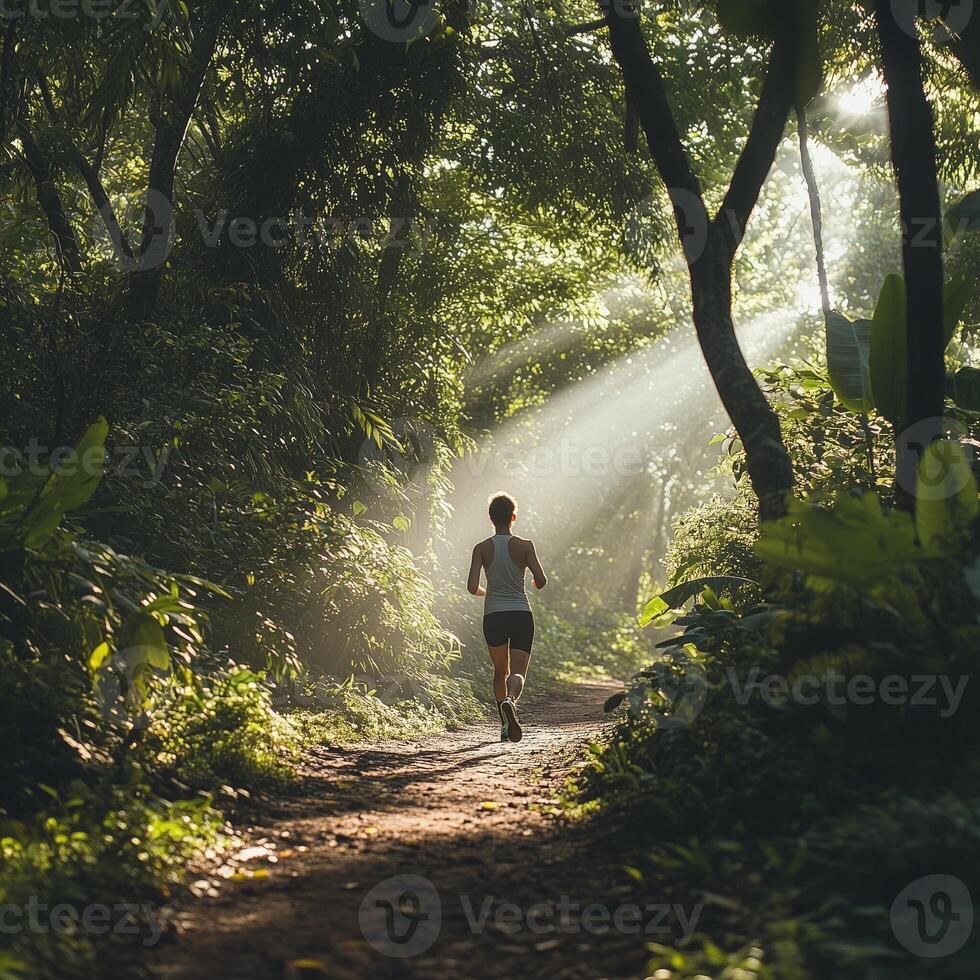 Man in a tank top and shorts runs along a narrow dirt path in a tropical forest. Tall trees and large green leaves surround the trail. Sunlight filters through the dense foliage, casting soft shadows photo