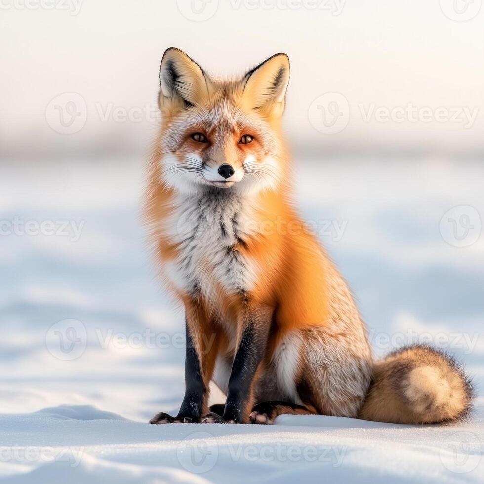 A fox sits on a snowy hill, staring straight ahead. The winter air is crisp, and the quiet forest in the background adds to the sense of stillness and focus photo