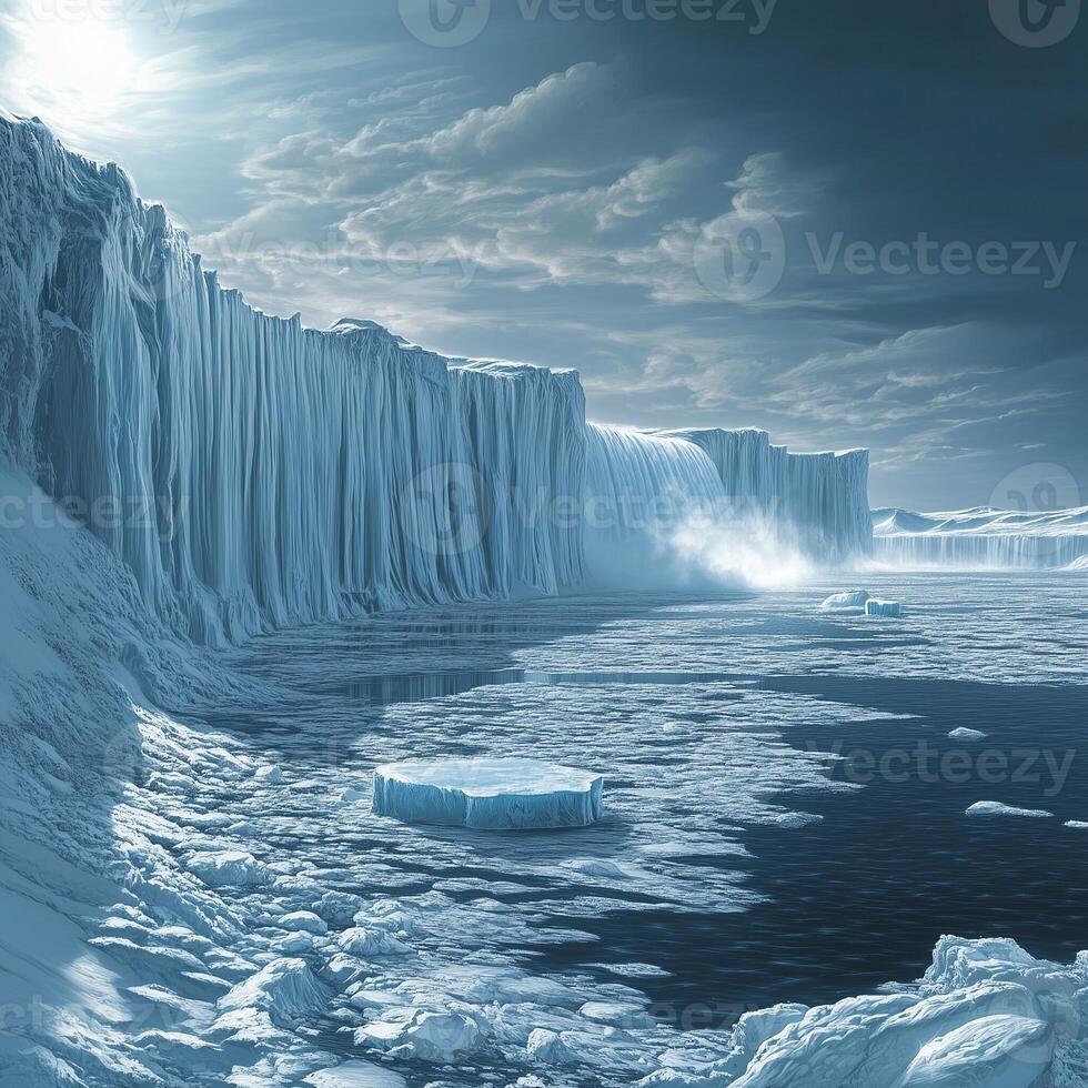 Massive ice cliffs stretch along frozen coastline icy terrain meets frigid waters filled with floating ice. Above, dramatic clouds add depth cold, desolate environment, illuminated by diffused light photo