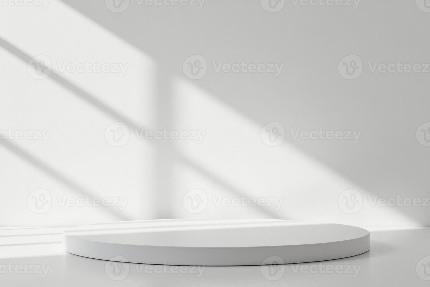 An one step white round podium in a white room with a window light projecting a shadow on the wall photo