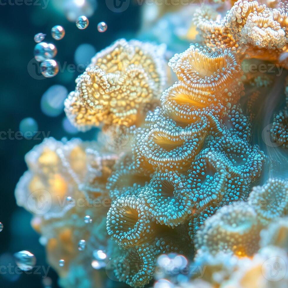Extreme close-up of brain corals textured surface with organic grooves and patterns. The image highlights marine lifes intricate structures, showcasing underwater biodiversity photo