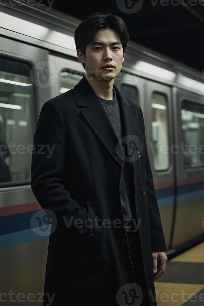 Asian man, 25 years old, black hair, wearing a black coat in a subway station photo