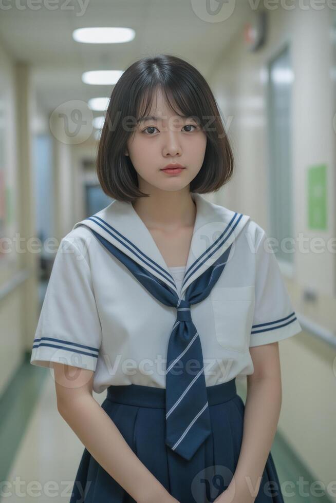 An asian girl, fair skin, 18 years old, short black hair, wearing a school uniform, in a school hallway photo