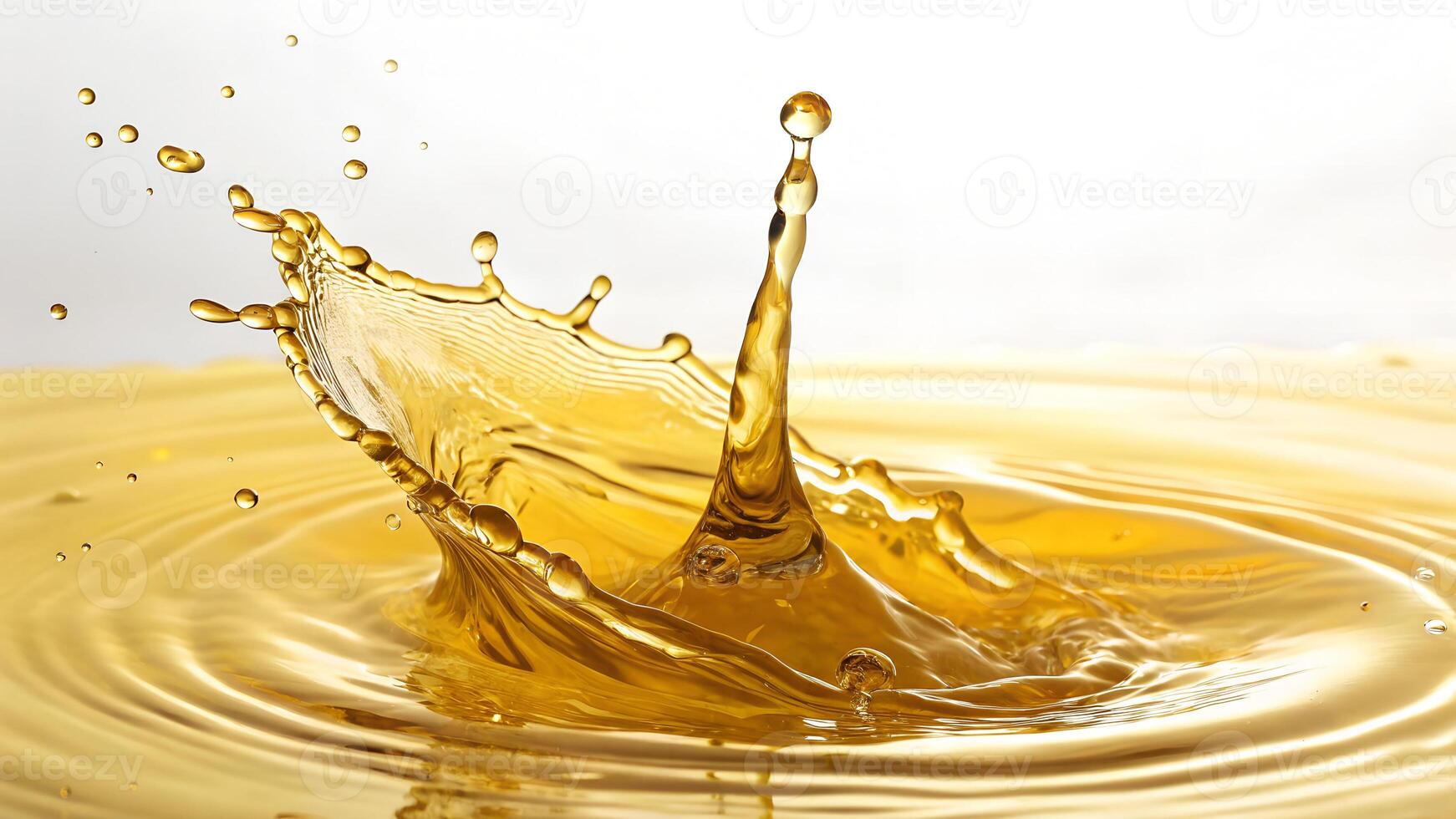 A splash of yellow liquid with a drop falling into it, creating a crown-like shape, on a white background photo