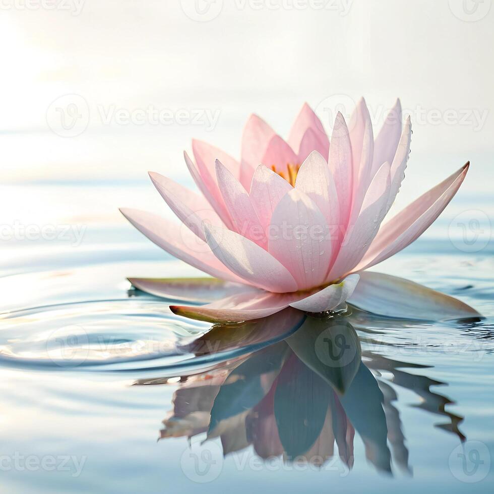 A pink lotus flower with yellow pistils floating on the water, the flower is reflected in the water photo