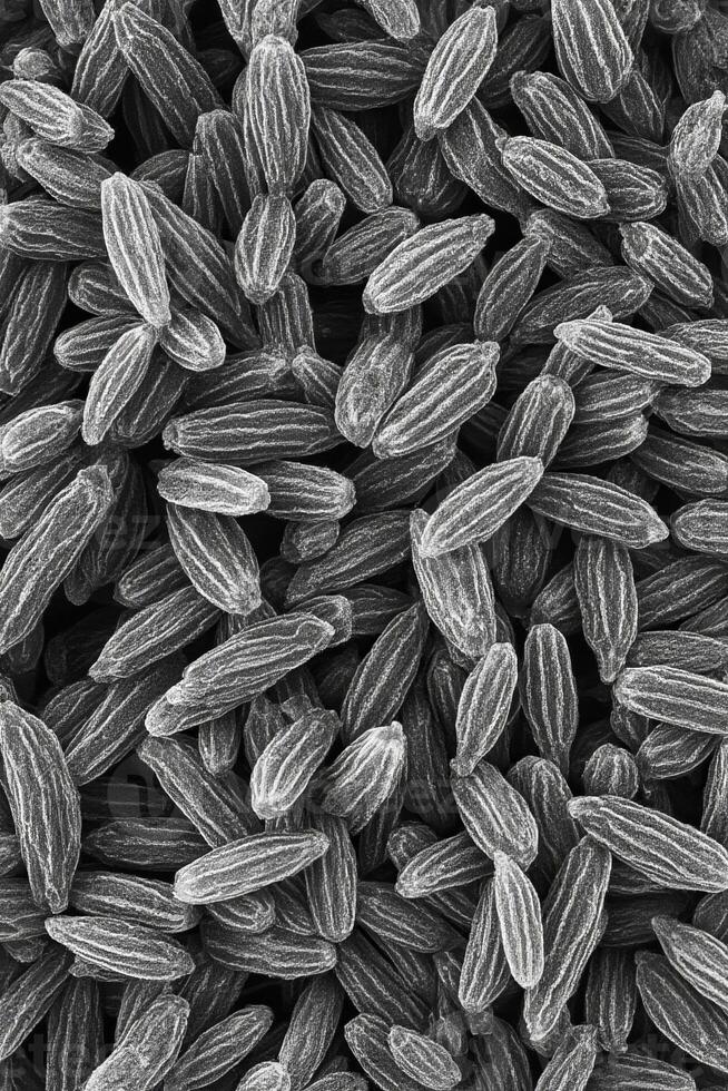 A microscopic visualization of wild rice grains showing their cellular structure and details under a scanning electron microscope effect photo