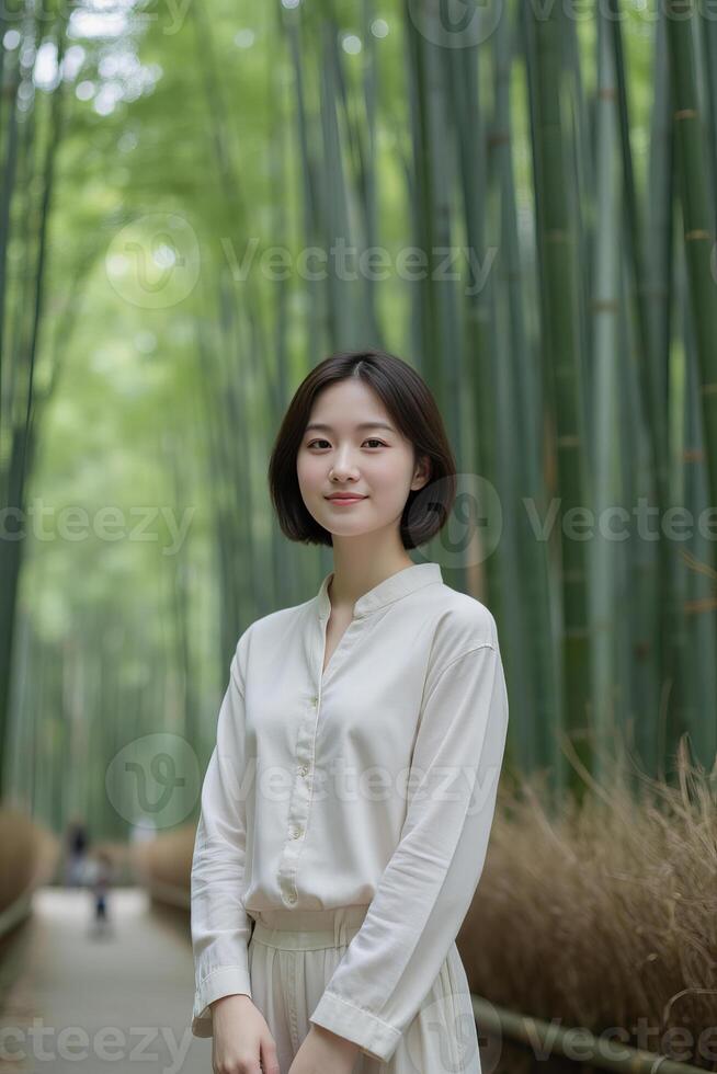 An asian woman, 24 years old with short black hair, wearing a white shirt, in a bamboo forest with green and brown colors in the background photo