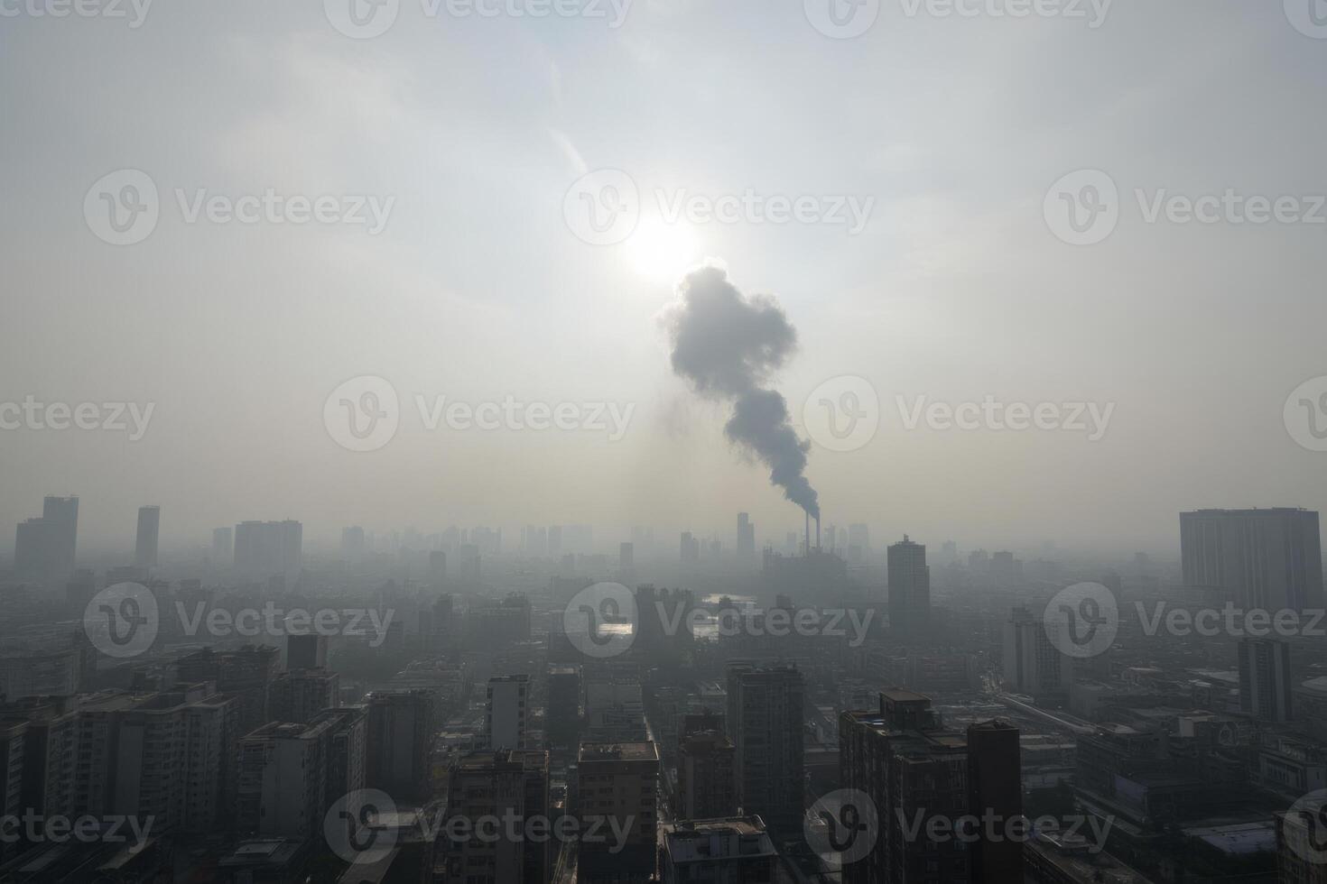 A polluted city with tall buildings and a thick layer of smog, a large plume of smoke rising from a factory, the sun shining dimly through the haze, Scene02 photo