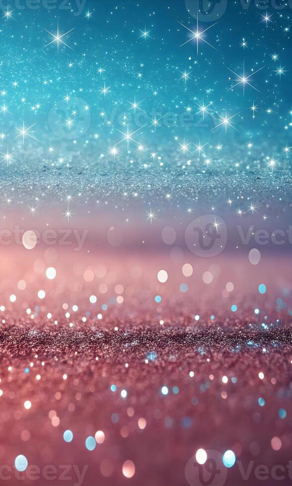 Glittery surface with a gradient from blue to pink, bokeh effect, and sparkling stars scattered throughout the image photo