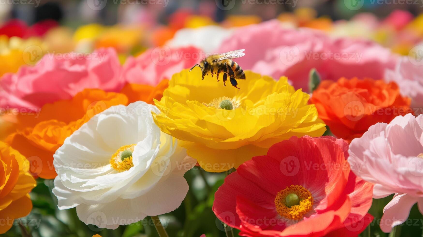 Bee pollinates vibrant flowers in a colorful garden buzzing with life during springtime photo