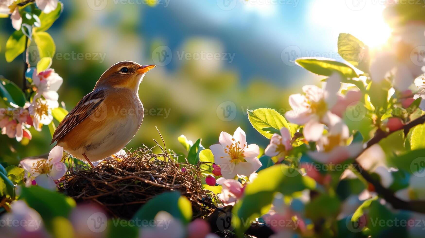 Bird resting peacefully on a branch near its nest surrounded by blooming flowers on a sunny day photo