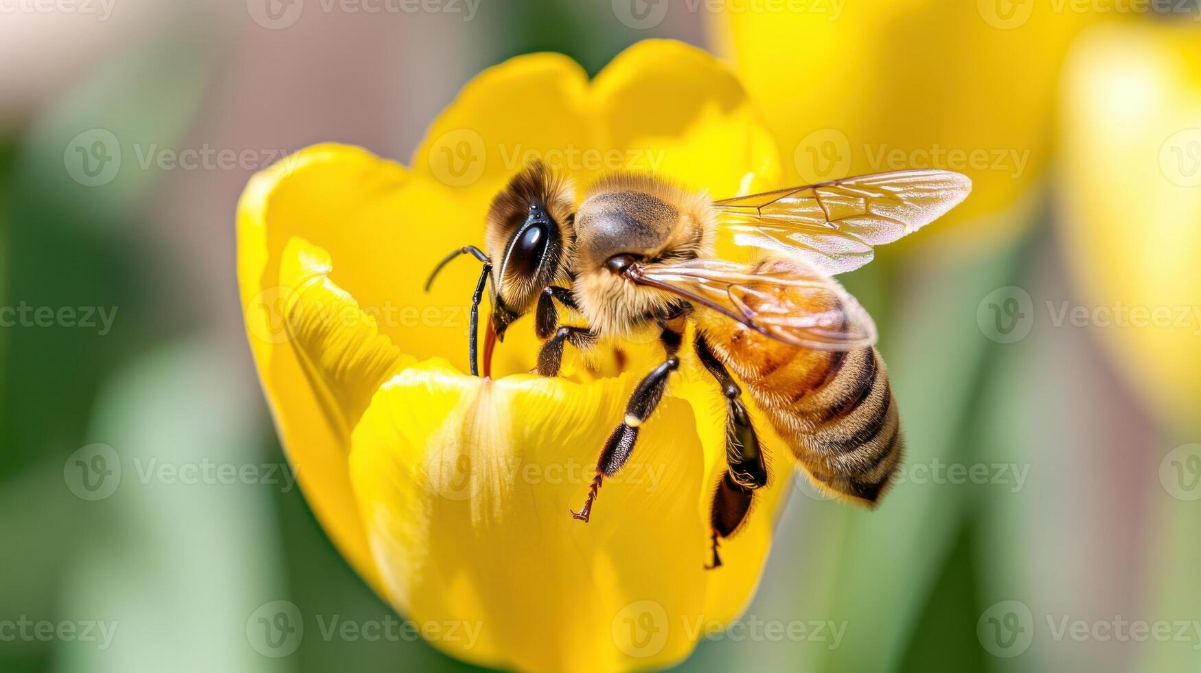 Close-up of a bee pollinating a bright yellow tulip in a vibrant garden during springtime photo